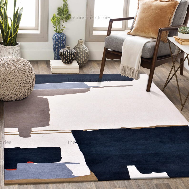 Handtufted Wool Rug Grey, Navy & Ivory Abstract Carpet Scandi Minimalist Living Room Rug New Home and Housewarming Gift