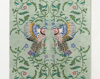 Hand Tufted Wool Rug: Green Bird Folk Floral Design