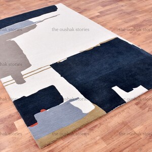 Handtufted Wool Rug Grey, Navy & Ivory Abstract Carpet Scandi Minimalist Living Room Rug New Home and Housewarming Gift