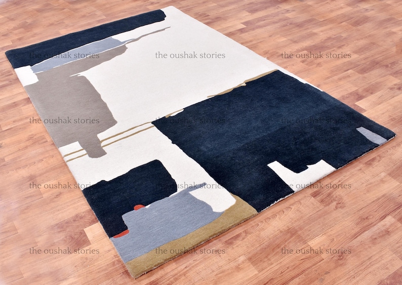 Handtufted Wool Rug Grey, Navy & Ivory Abstract Carpet Scandi Minimalist Living Room Rug New Home and Housewarming Gift