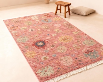 Hand Knotted Wool Oushak Rug: Pink Vintage Turkish Carpet