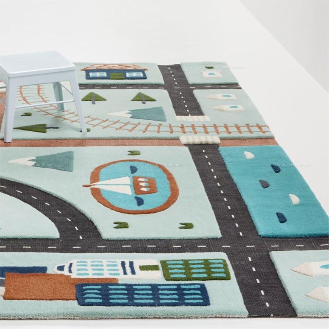 Hand Tufted Wool Play Rug: Kids City Road Map, Scandi Nursery - Etsy