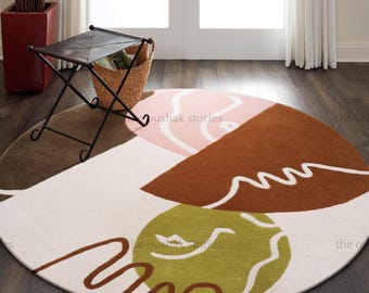 Handtufted Wool Round Rug – Earth Tone Abstract Accent Carpet