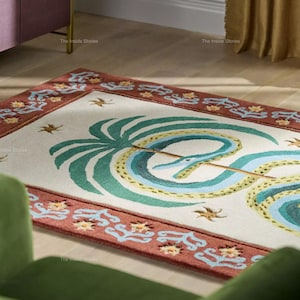 Handtuftad ullmatta, folkkonst palmträd ormdesign