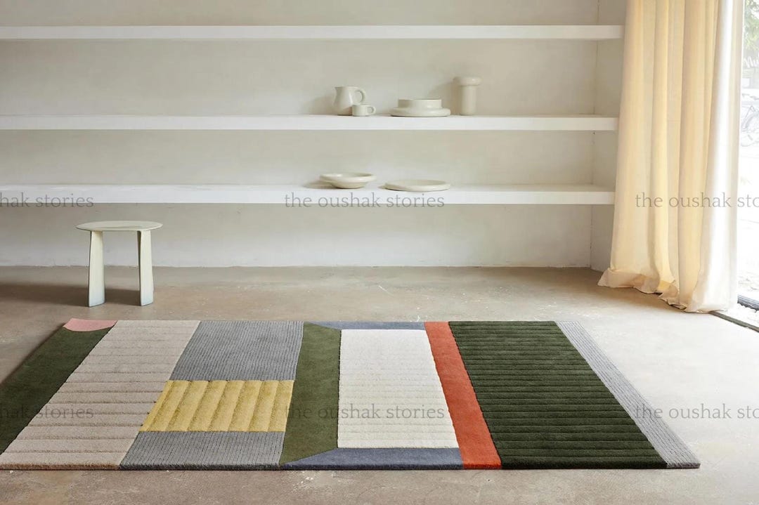 Hand Tufted Wool Area Rug Modern Color Block Design Rugs for Living ...