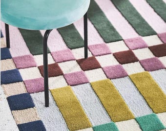 Hand Tufted Wool Rug, Modern Geometric Checkered Stripe Design