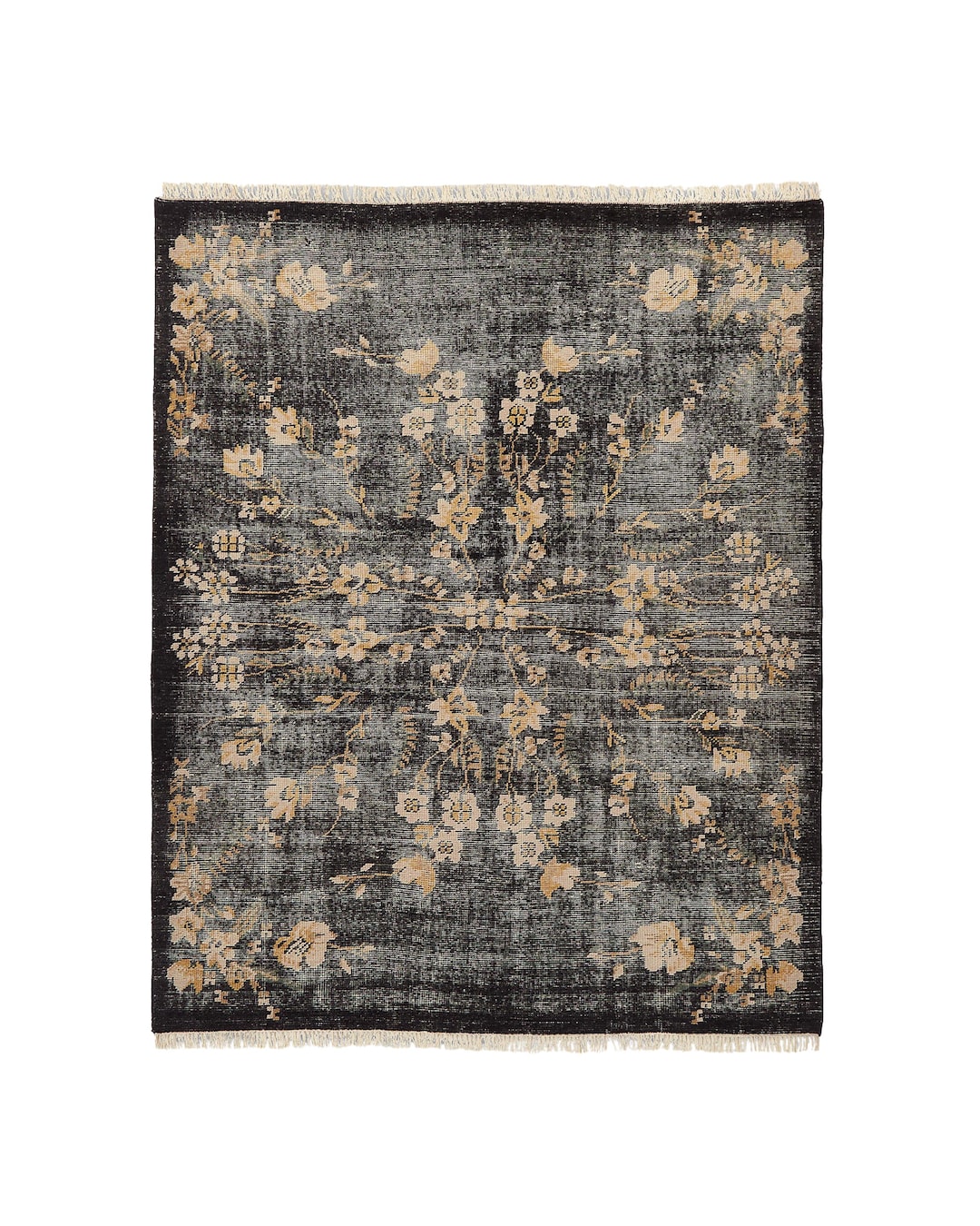 Lavish Hand-knotted Black Floral Wool Area Rug, Vintage Distressed ...