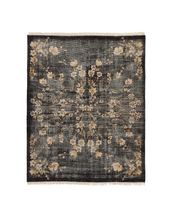 Lavish Hand-Knotted Black Floral Wool Area Rug, Vintage Distressed Living Room Rug