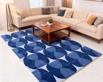 Hand Tufted Geometric Navy And Blue Carpet Retro Scandinavian Handmade Area Rug