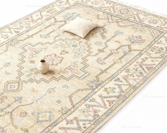 Hand Knotted Oushak Wool Rug: Ivory Vintage Turkish Carpet