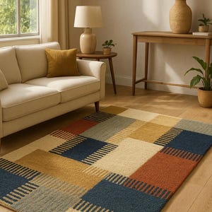 Handtuftad ullmatta: Modern geometrisk lapptäcksdesign