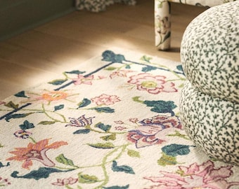 Tappeto in lana tuftato a mano con motivo floreale e botanico, decorazione Cottagecore