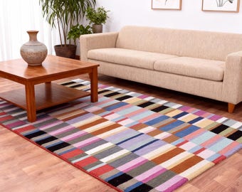Hand Tufted Wool Rug – Modern Geometric Stripe Carpet – Eclectic Boho Handmade Area Rug