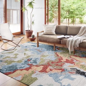 Handtufted Wool Rug Blue Green Abstract Carpet Mid Century Plush Living Room Rug with Loop Pile Texture Gift for Couple