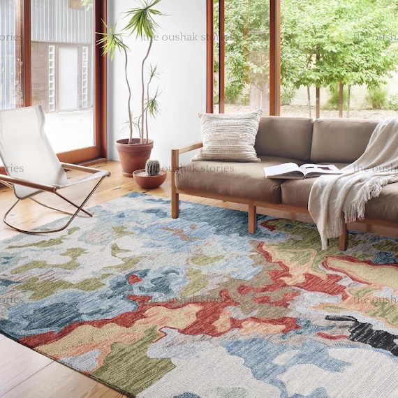 Handtufted Wool Rug: Blue Green Abstract Mid-Century Carpet