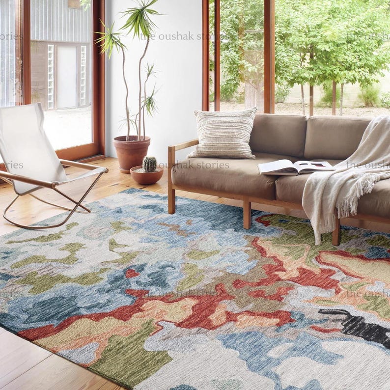 Handtufted Wool Rug Blue Green Abstract Carpet Mid Century Plush Living Room Rug with Loop Pile Texture Gift for Couple