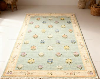 Hand Knotted Oushak Wool Rug, Mint Green Floral Area Rug, Vintage Turkish