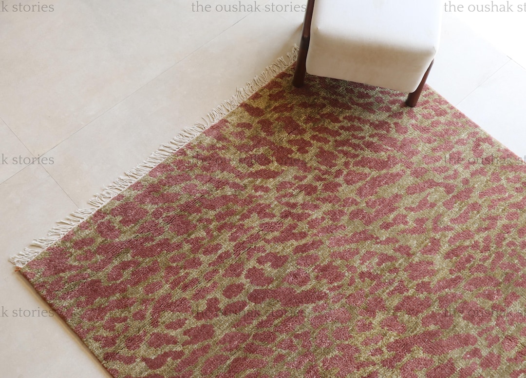 Handknotted Wool Area Rug | Green Pink Abstract Animal Print - Etsy