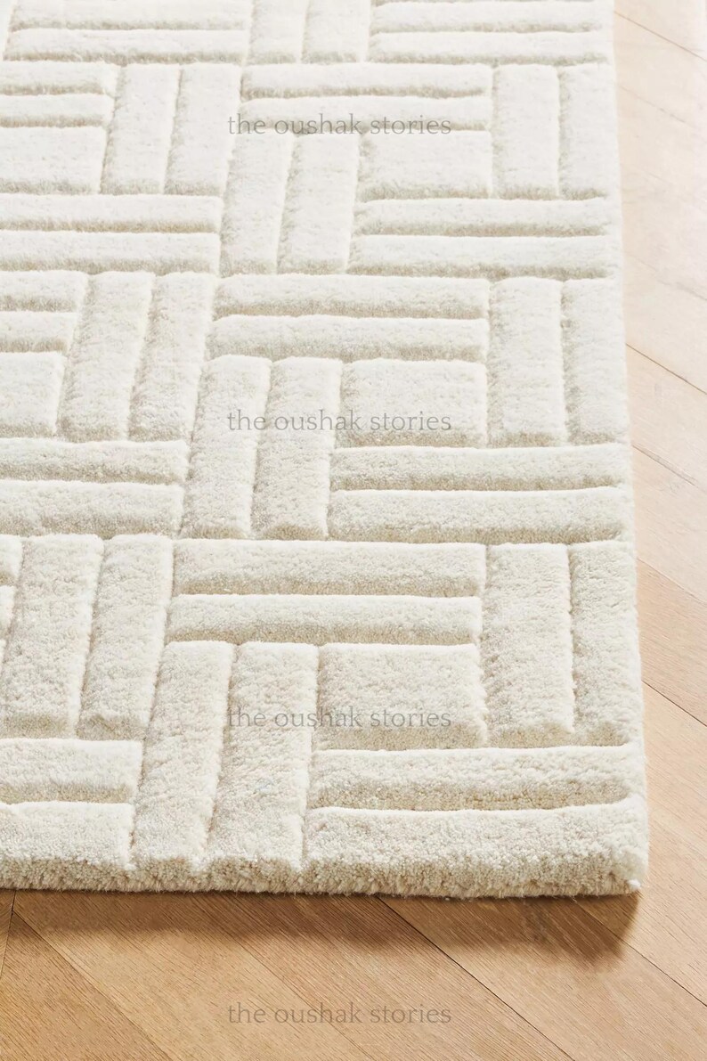 Hand Tufted Wool Area Rug Cream Geometric Texture Modern Luxury - Etsy