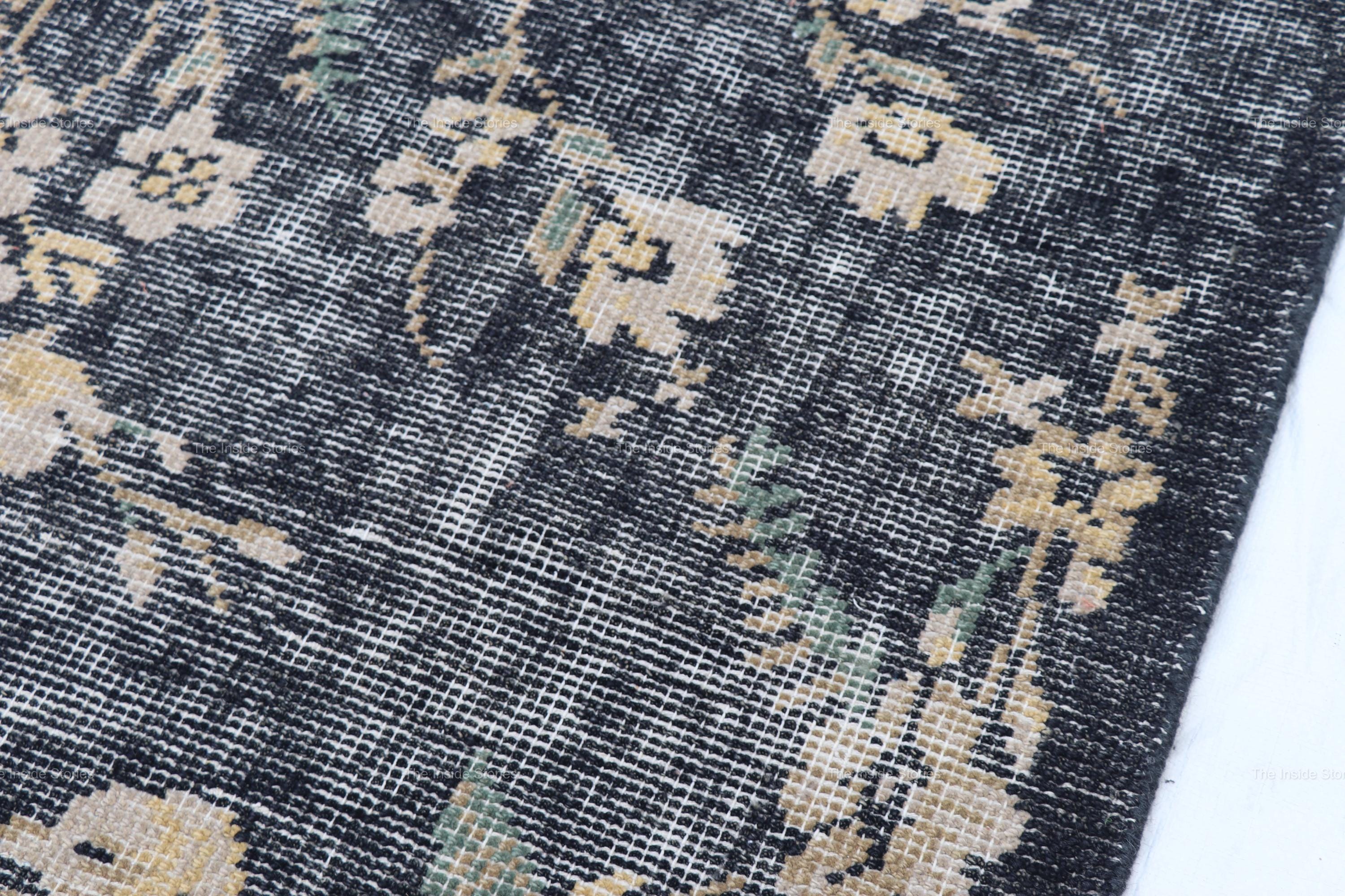 Lavish Hand-knotted Black Floral Wool Area Rug, Vintage Distressed ...
