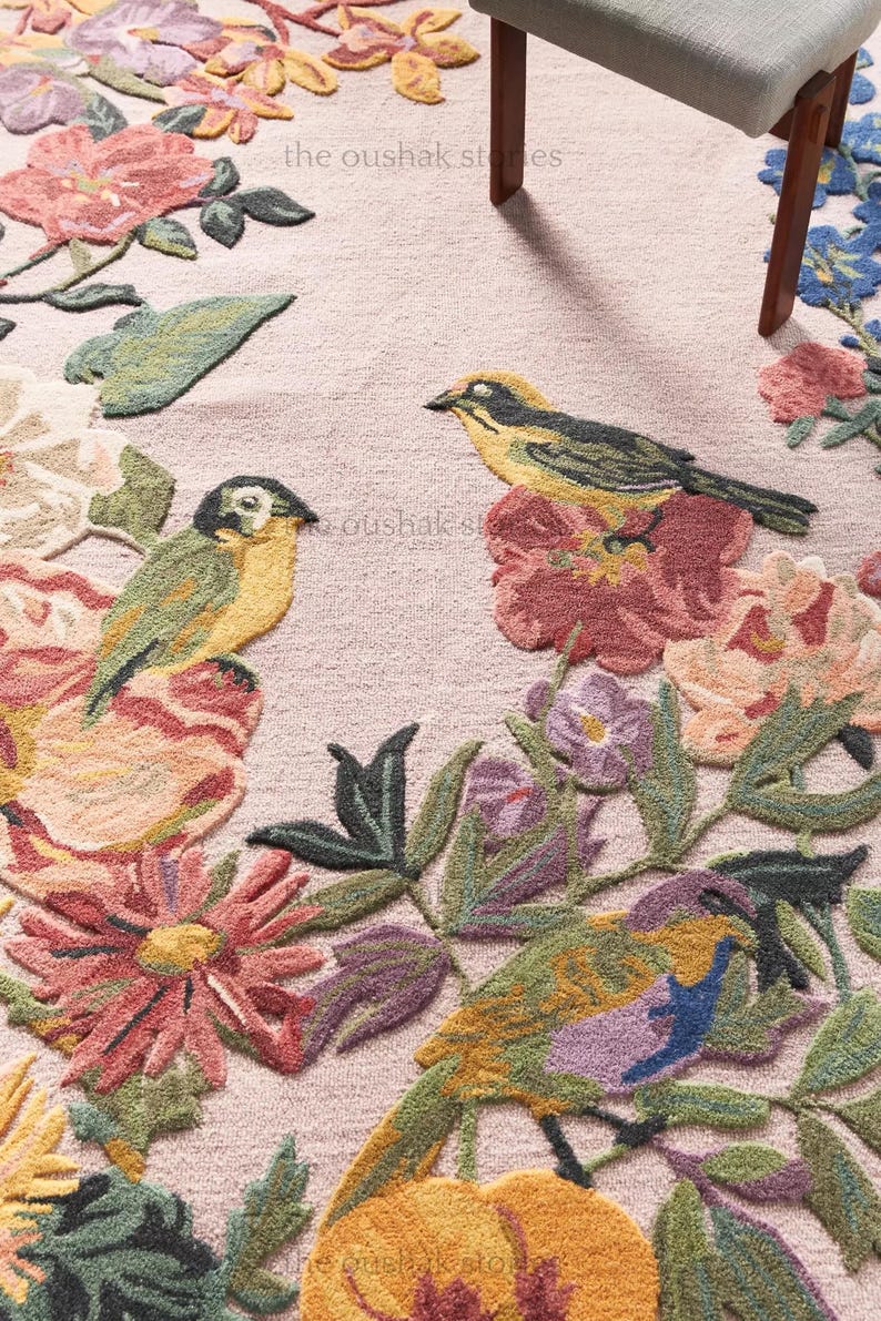 Hand-tufted Wool Rug: Bird & Floral Botanical Garden Design - Etsy