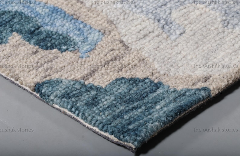 Handtufted Wool Rug Blue Green Abstract Carpet Mid Century Plush Living Room Rug with Loop Pile Texture Gift for Couple