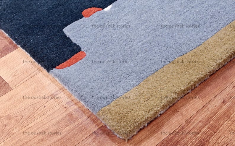 Handtufted Wool Rug Grey, Navy & Ivory Abstract Carpet Scandi Minimalist Living Room Rug New Home and Housewarming Gift