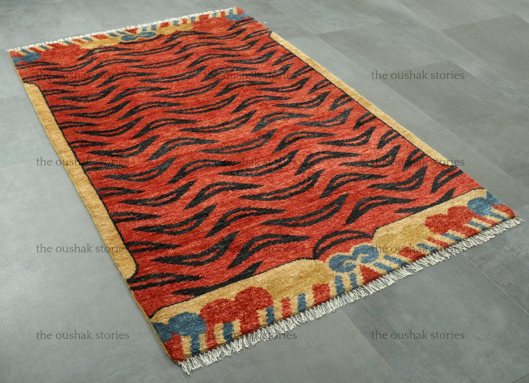 Red Tiger Stripe Handknotted Wool Rug | Tribal Border - Etsy