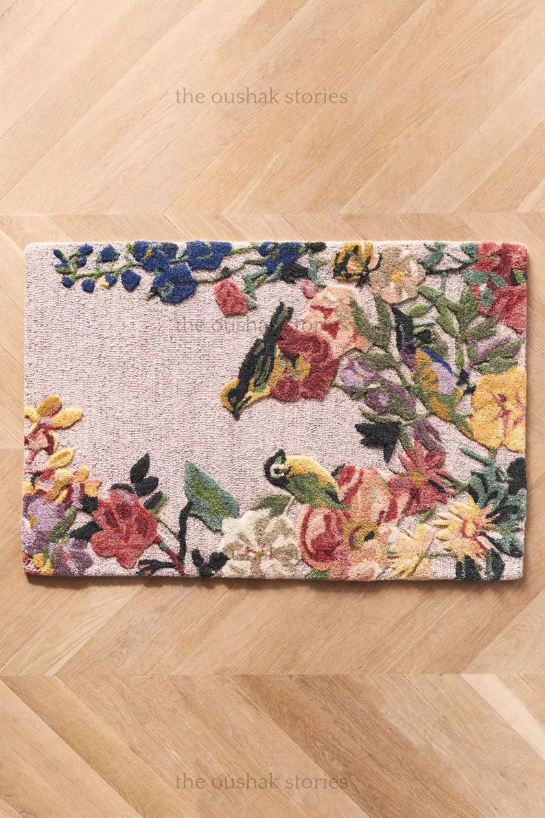 Hand-tufted Wool Rug: Bird & Floral Botanical Garden Design - Etsy