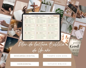 May include: A digital download for a one-year Bible reading plan. The plan is displayed on a tablet screen with a brown background and white text. The text includes the words "Lee Biblia en 1 Año" and "Plan de lectura Biblica de Un año".