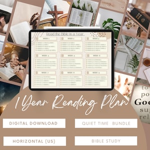 May include: A digital download of a 1 year Bible reading plan. The plan is displayed on a tablet screen with a brown background. The text "Read the Bible in a Year" is at the top of the screen. The plan is divided into weeks and includes a list of books to read each week. The image also includes a variety of other images related to the Bible, such as a cross, a Bible, and a cup of coffee.