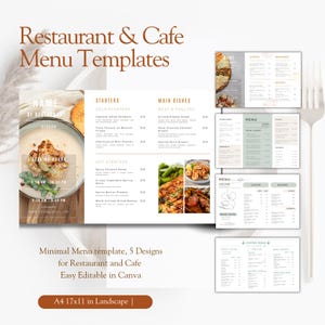 Menú elegante de comida y bebida, diseño horizontal editable, diseño imprescindible para restaurantes, plantilla A4 personalizable, descarga instantánea.