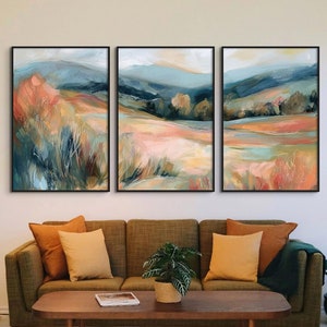 Set of Three Canvas Prints, Impressionist Forest Wall Art, Orange and Green Pastel Art