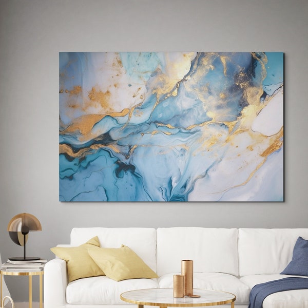 Teal and Gold Marble Abstract Wall Art, Geode Resin, Canvas Print