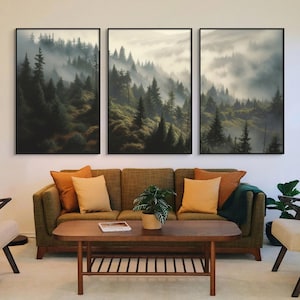Set di tre stampe artistiche su tela, fitta foresta di pini Wall Art