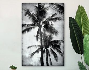Arte de pared minimalista de palmeras en blanco y negro, la playa, Lienzo