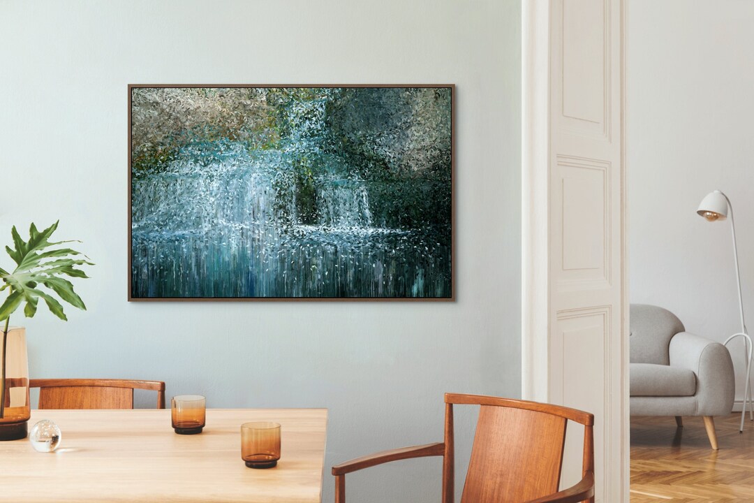 Blue and Green Abstract Wall Art, Waterfall Painting, Canvas Print - Etsy