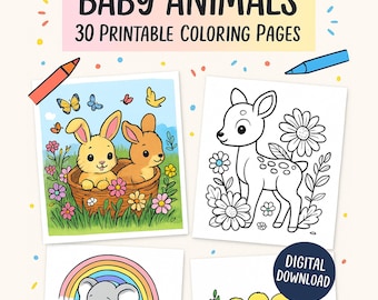 Baby Animals Coloring Book (30 Pages): Printable PDF & JPG (Digital Download)