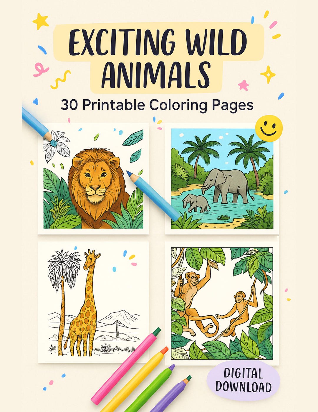 Wild Animals Coloring Book (30 Pages): Printable PDF & JPG (digital ...