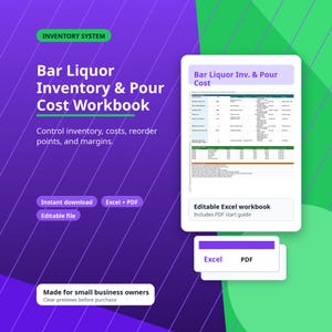 Bar Inventory Spreadsheet, Liquor Pour Cost Tracker Excel Workbook