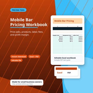 Op de afbeelding: Een digitaal prijsberekeningswerkboek voor mobiele bars met een spreadsheetinterface met kolommen voor leverings-, apparatuur- en arbeidskosten. De afbeelding bevat tekstlabels voor Excel- en PDF-bestandsindelingen op een achtergrond.