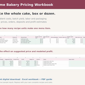 May include: A digital Home Bakery Pricing Workbook featuring a spreadsheet layout with columns for menu items, recipe costs, labor hours, and profit estimates. The document includes text headers, instructional text, and sample data rows for cakes and cookies.