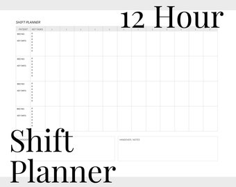 Puede incluir: Un planificador de turnos blanco con el texto "Shift Planner" y "12 Hour" en negro. El planificador incluye secciones para información del paciente, tareas clave y notas de entrega. Está diseñado para organizar y rastrear los detalles del turno.