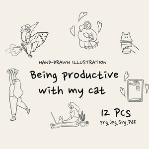 Clipart handgetekende digitale lijntekeningen | Productief zijn met mijn kat | Png Jpg Svg Pdf | Goede noten | Stickers | Begrip