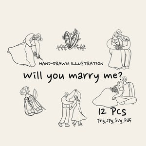 Clipart handgetekende digitale lijntekeningen | Wil je met me trouwen? | Png Jpg Svg Pdf | Goede noten | Stickers | Begrip