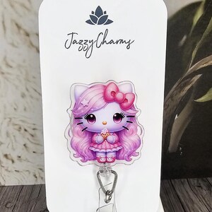 Cute girly pink hk coquette kitty inspired badge reel badge holder for teachers, students, healthcare workers