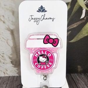 Cute coffee cup kitty hk inspired pink shaker glittery badge reel Hello Coffee for teachers students and healthcare workers