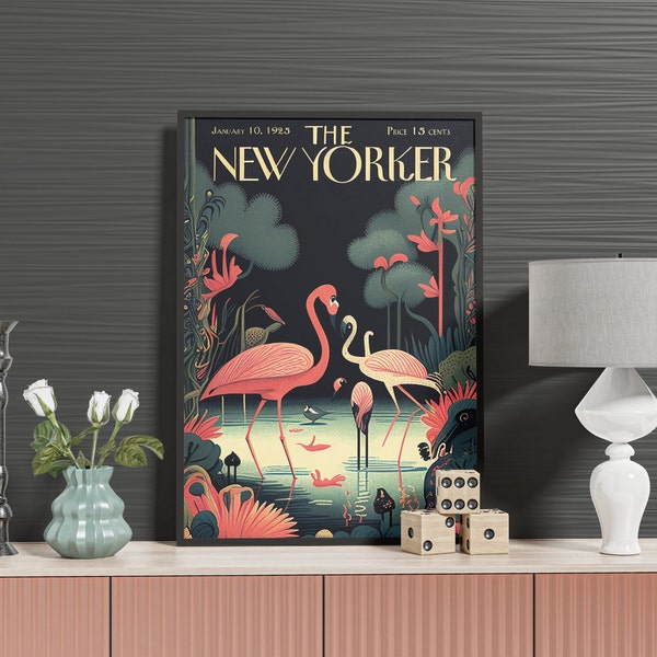 The New Yorker Magazine - The Flamingo Night Nature Oasis Print - A4 Cover Poster Abstract Art Trendy Home Decor - Instant Download & Print