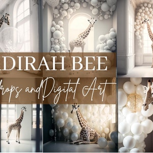 Puede incluir: Un collage de imágenes con una jirafa de pie en una habitación con globos blancos. El texto "NADIRAH BEE Backdrops and Digital Art" se muestra en el centro del collage.