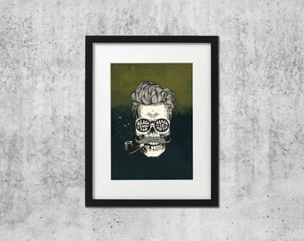 Puede incluir: Una impresión enmarcada que muestra un cráneo estilizado con un bigote grueso y una pipa de fumar. El cráneo lleva gafas de sol redondas con el texto "BLACK IS NOT SAD" y "BLACK IS POETIC" en los cristales. El fondo es un degradado de verde oliva y verde azulado oscuro.